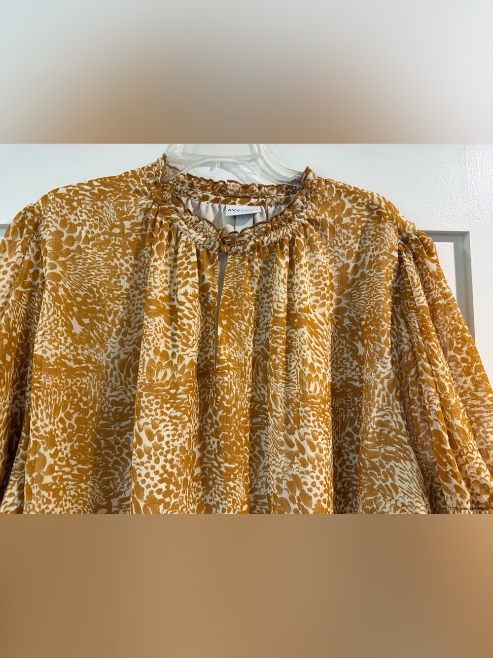 AVA & VIV Mustard Animal Print Puff Sleeve Blouse - Picture 2 of 2